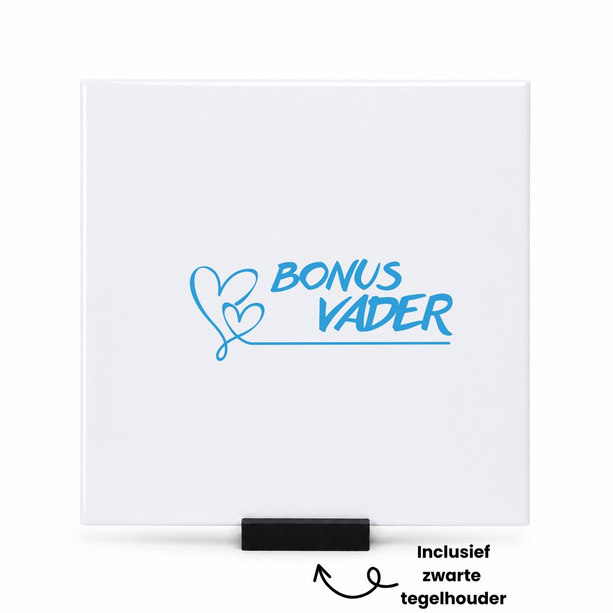 Hacebo Bonus vader met 2 blauwe harten en lijn tegeltje met tegelhouder - Vader - liefste bonusvader - tegeltjes met tekst - Vaderdag cadeautje - Cadeau voor papa - Verjaardag - Geschenk - Cadeau - Gift - spreuktegels - 15x15 CM Wit
