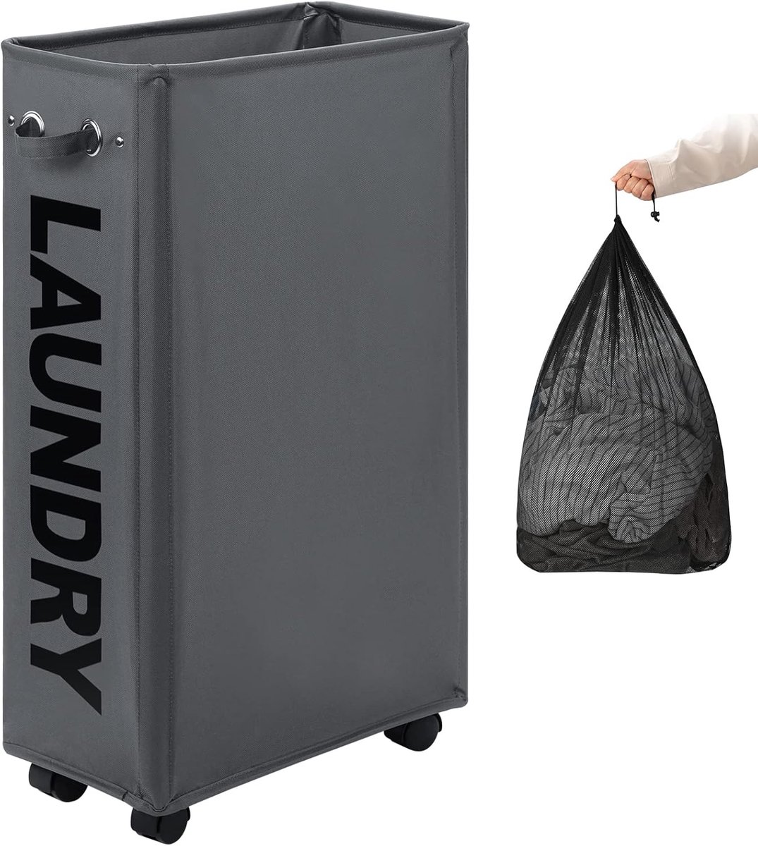 SnelShoppen - 29-Inch Vergrote Smalle Wasmand met Afneembare Wielen, Vouwbare Rolwasmand voor Kleding, 70L Inhoud, Donkergrijs, Ideaal voor Hoekopslag