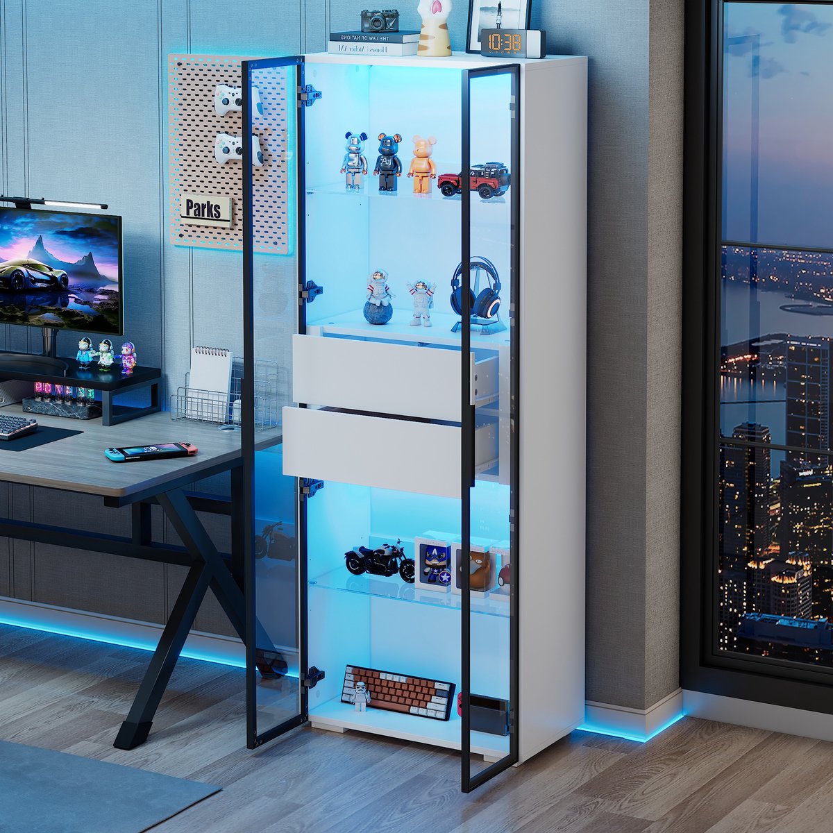 Wishdor - Vitrinekast - met LED-verlichting en 2 lades - glazen deur en verstelbare glasplanken - modern voor woonkamer - houtlook en gehard glas - wit zwart - 60 x 40 x 160 cm