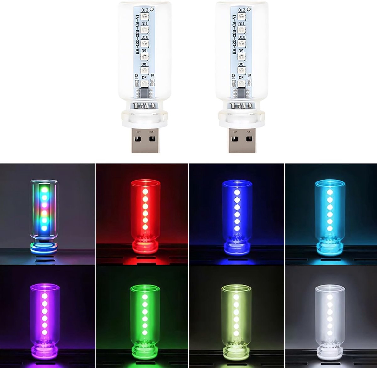 SnelShoppen - 2PCS USB Nachtlampje Auto, Dimbare Touch Lampen, 7 Kleuren, 13 Modi, Mini LED Ambient Lampen voor Interieur, Camping, Slaapkamer, Hal