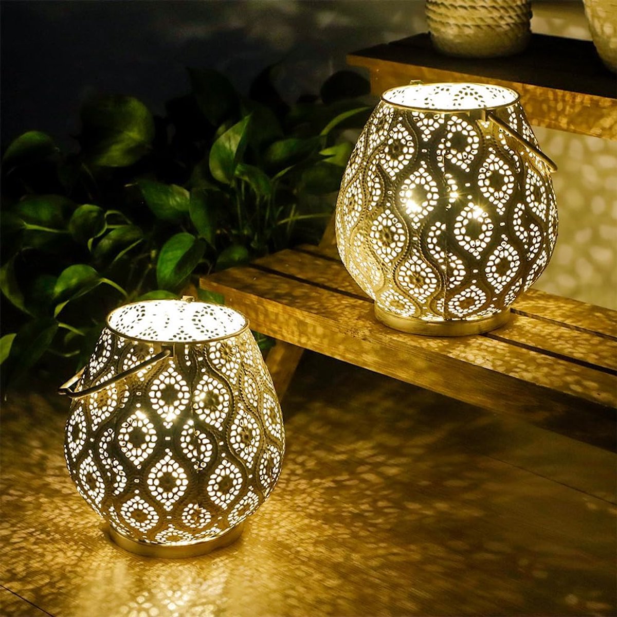 SnelShoppen - Set van 2 Marokkaanse Decoratieve Lampen, 26 cm Hoog, Batterij Gevoed, Metaal Tafel Lampen met Sfeervolle Verlichting voor Thuis, Woonka