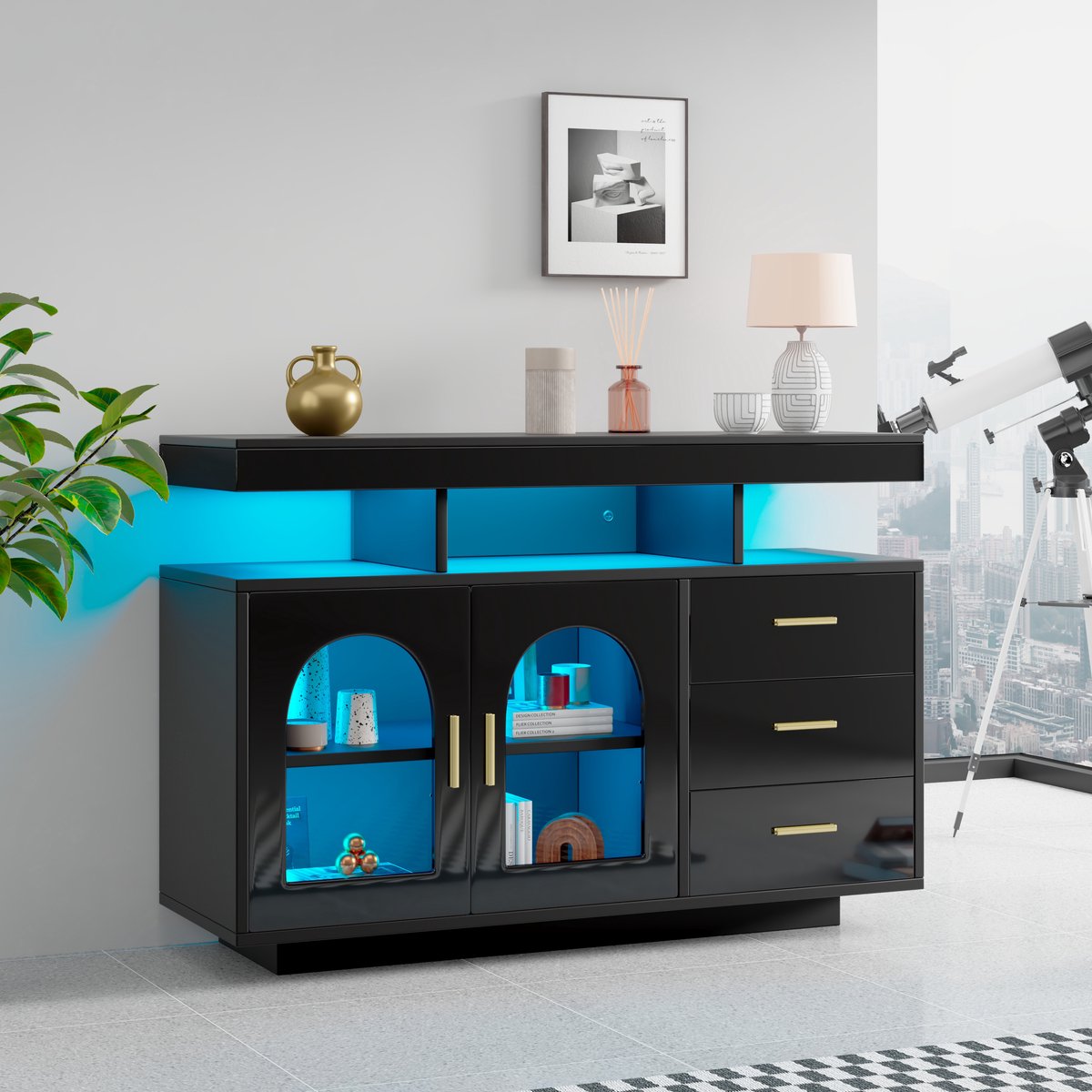 Wishdor - Dressoir - LED sideboard met 3 lades en 2 deuren - modern opbergmeubel voor woonkamer of eetkamer - houtlook en acryl - zwart - 120 x 40 x 80 cm
