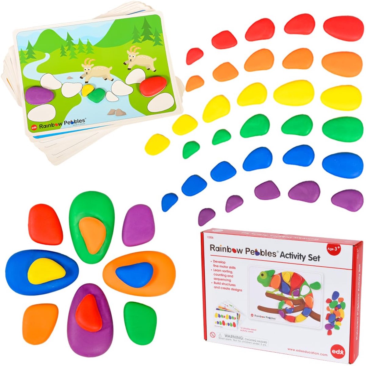 SnelShoppen - Rainbow Pebbles Activiteiten Set - Sorteren en Stapelen - Constructie - Vroeg Wiskunde Speelgoed, 48 Kleurige Steentjes en Vulkaarten