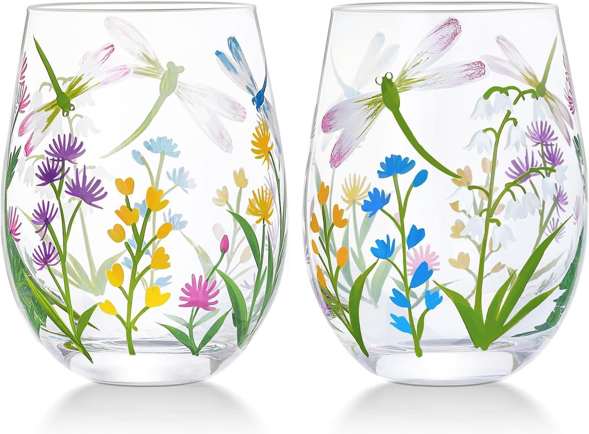 SnelShoppen - Hand Geschilderd Stemless Wijnglas Set van 2 - Dragonfly Bloemen Tumbler 18oz - Unieke Gepersonaliseerde Verjaardagscadeaus voor Haar