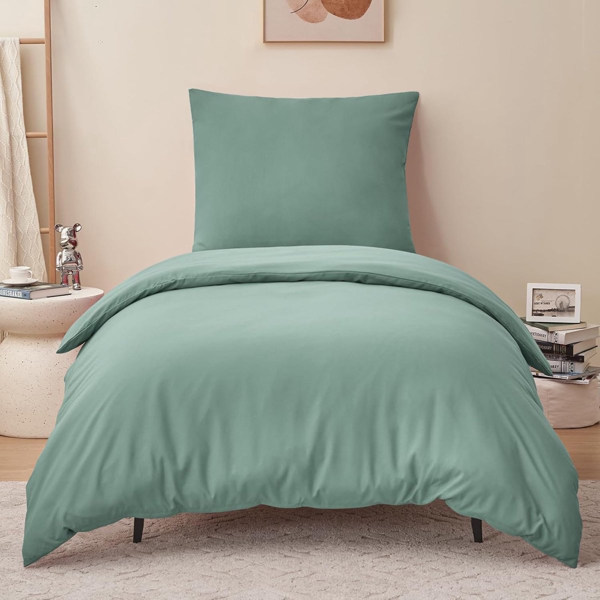 SnelShoppen - Duvet Cover 140x200 cm Groen met Rits - Bedlinnen voor Eenpersoonsbed 90x190 cm met 1 Kussenhoes 65x65 cm - Kreukvrije Microvezel Set vo