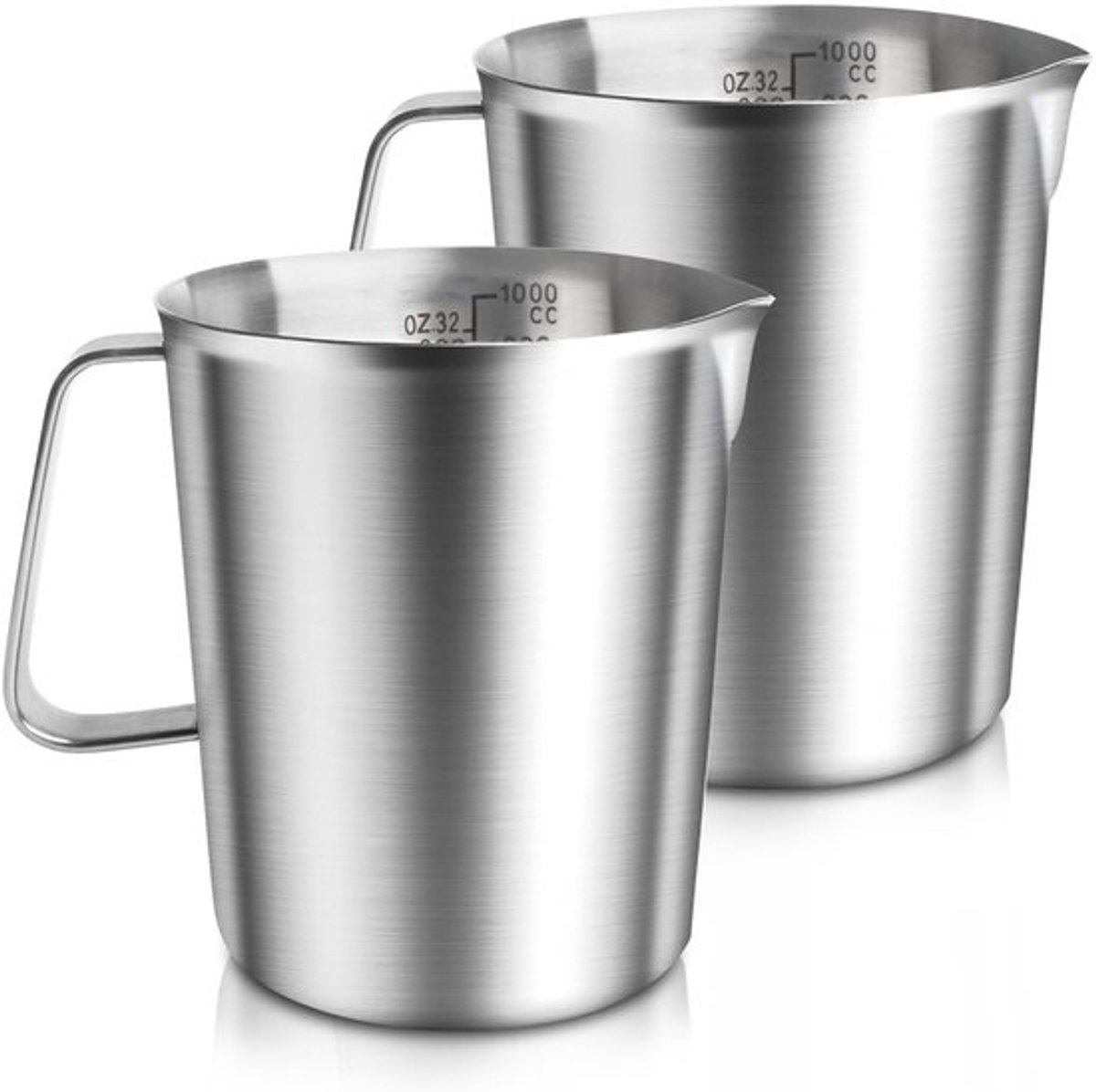 Set van 2 maatbekers van 1 liter roestvrij staal, melkkan van roestvrij staal met handvat en markering, maatbeker 1 liter, vaatwasmachinebestendig, voedselveilig