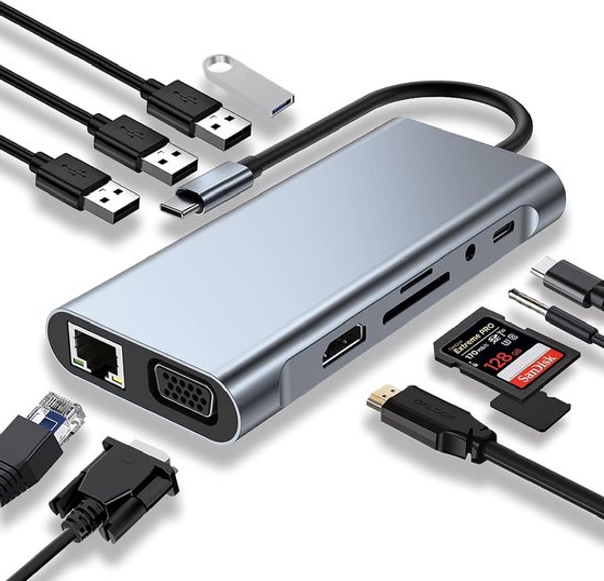 USB-C-hub, dockingstation, 11-in-1 USB-C-adapter met 4K-HDMI, VGA, USB 3.0-poorten, USB-C PD, Gigabit Ethernet RJ45, SD/TF-kaarten, 3,5 mm AUX, compatibel met meer Type-C-apparaten
