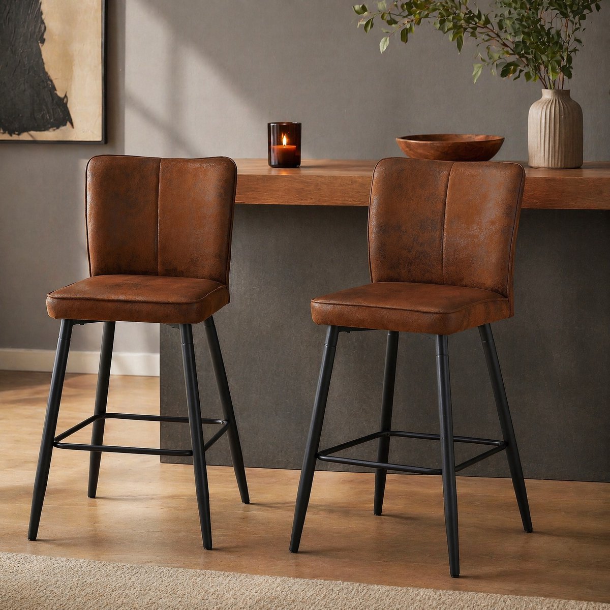 MODENUIT Barkruk 101 cm - Set Van 2 Met Rugleuning En Voetsteun - Voor Bar En Eethoek - Stof Metaal Bruin Zwart