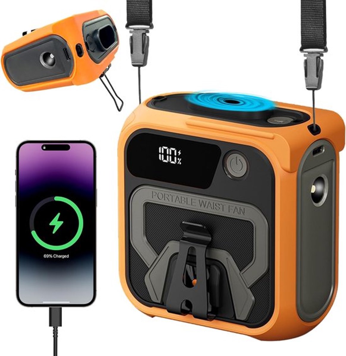 Heupventilator - Draagbare Heupventilator - Mini-Ventilator - 10000 Mah Heupventilator Met Clip - Oplaadbare Heupventilator Met Ledverlichting - Tafelventilator Met 5 Snelheden - Telefoonhouder En Nekriem Voor Gebruik Buitenshuis