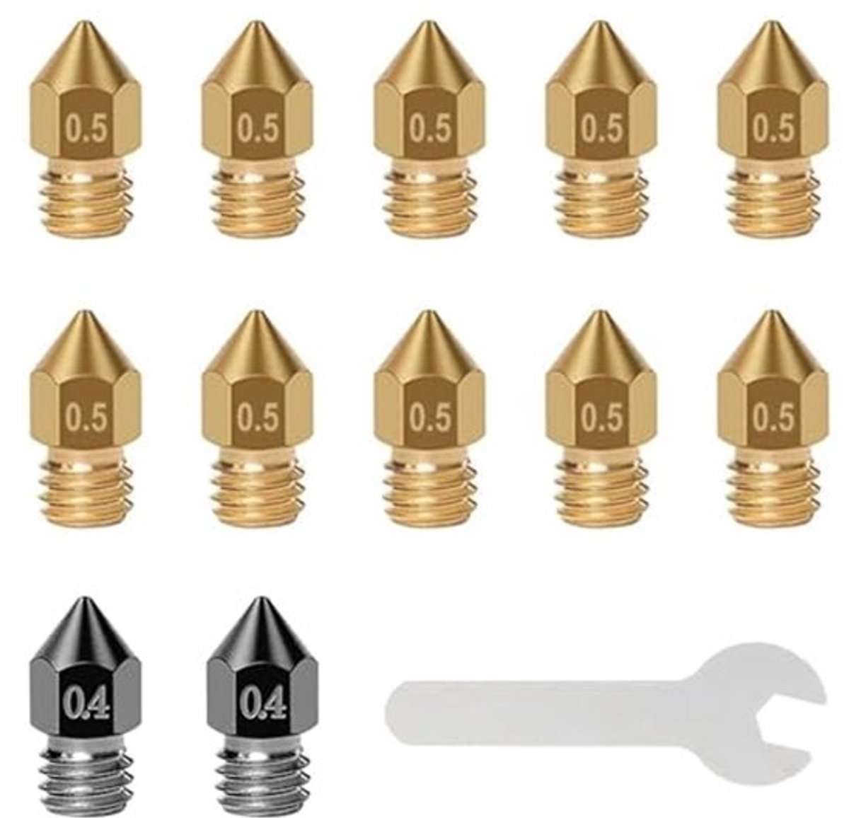 Verpakking van 12 3D-printerdoppen MK8 2 x 0,4 mm gehard staaldoppen + 10 x 0,5 mm messingdoppen + sleutel voor 3D-printer