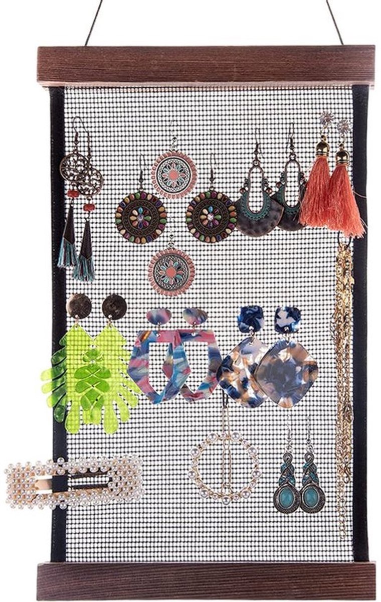 Oorbellenhouder Wall Mounted - Earring Organizer 24 x 12 inch - Hoogwaardige Mesh en Houten Randen