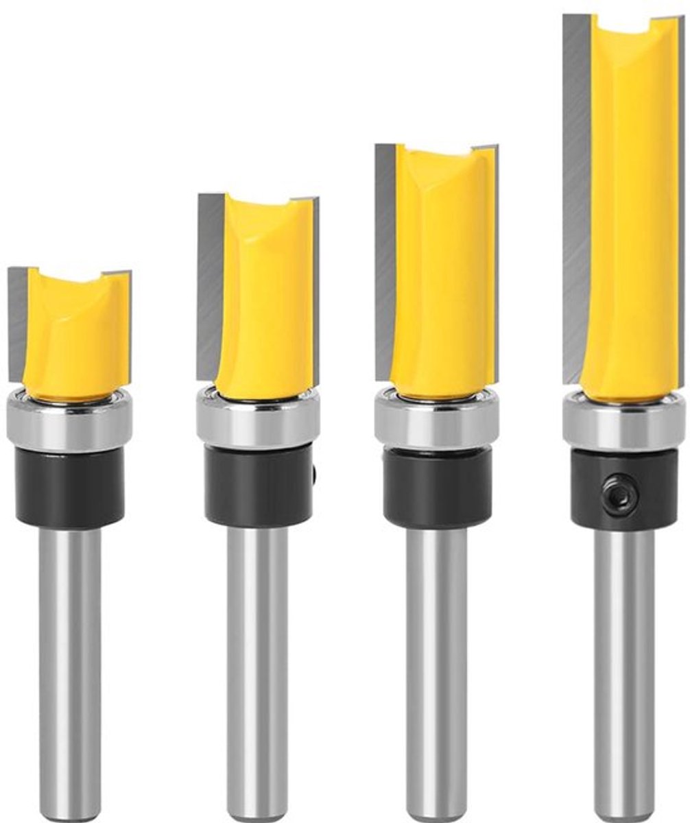 4-delige 1/4 inch shank flush trim patroon bit set, rechte flush trimming gereedschappen met lager sjabloon frezen professionele houtbewerking frezen gereedschap