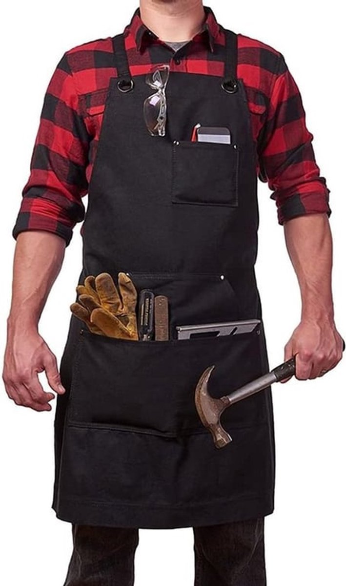 Duurzame werkschort, keukenwerkkleding voor heren, canvas schort met verstelbare banden en 4 zakken voor BBQ, bakkers, timmerlieden, tatoeëerders, kappers, barmannen, schilders - Zwart