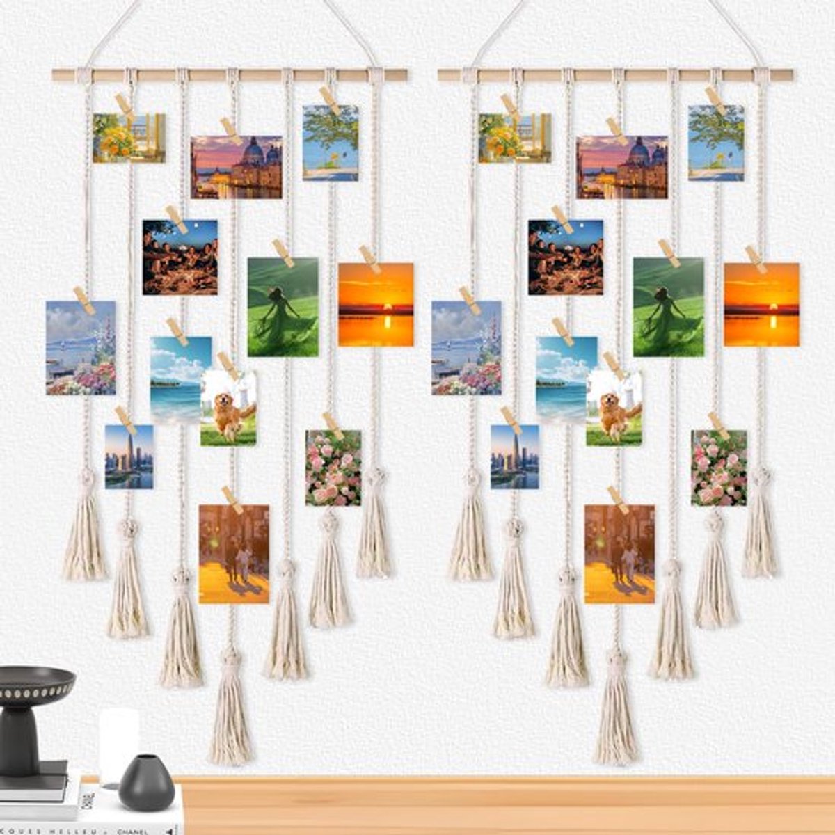 2 x Hangende fotolijst 40 x 65 cm Macramé fotolijst met 30 clips, 4 haken zonder spoor Wandfoto Deur Hangende foto Macramé display voor woondecoratie Slaapkamer