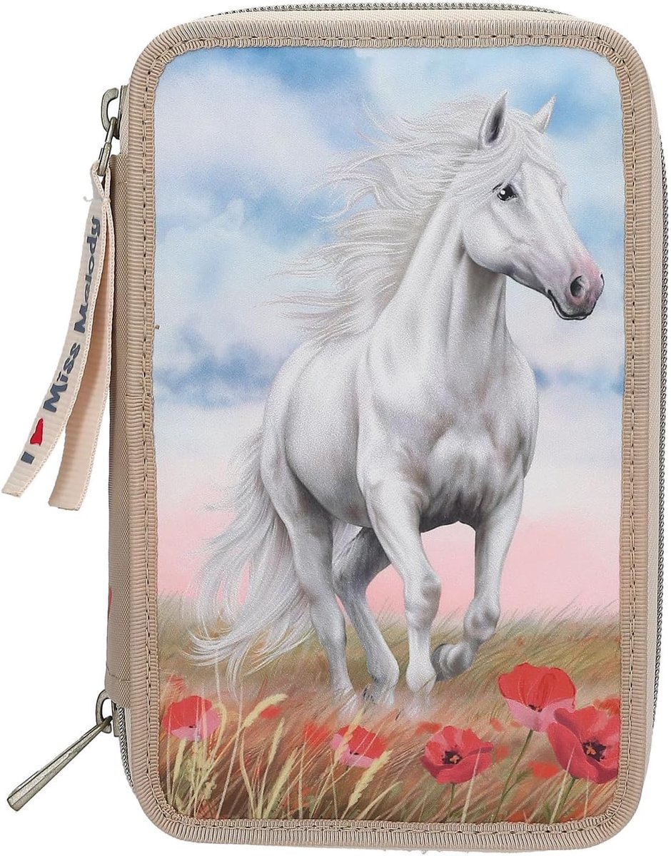 Thijox - Gevulde 3-vaks etui beige met paardenmotief en klaprozen - Inclusief 18 viltstiften, kleurpotloden, liniaal en driehoek - Perfect voor school