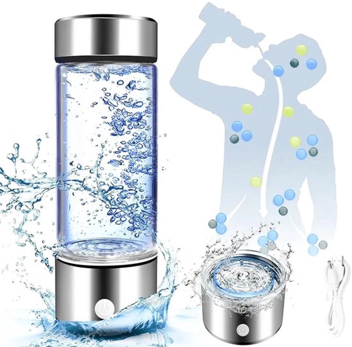 Watergenerator met waterstof, waterfles van 420 ml, waterstofgenerator met PEM-technologie, oplaadbare waterfles met waterstof via USB.