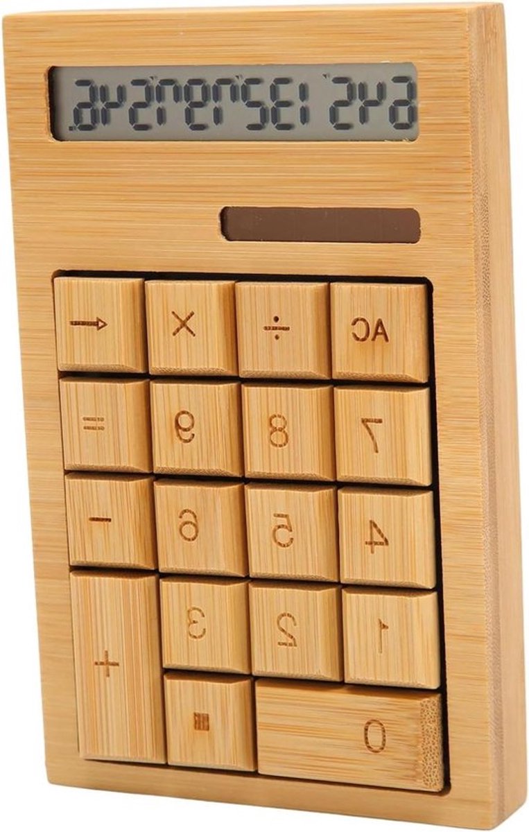12-cijferige Rekenmachine met Groot Display en Batterijvoeding op Zonne-energie - Bamboe Hout Calculator voor School - 18 Knoppen Multifunctionele Houtcalculator