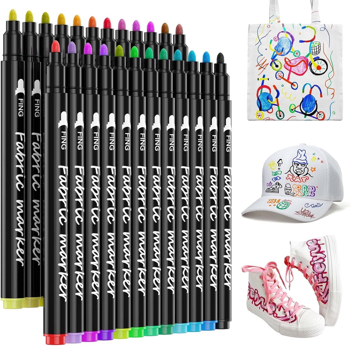 SnelShoppen - Textile markers voor T-shirts, jute en stoffen tassen, machinewasbaar, permanent textielverf in 24 kleuren, ideaal voor creatief knutsel