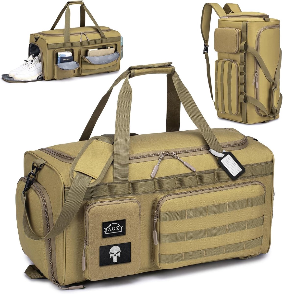 SnelShoppen - Tactical Travel Bag 55L Gym Bag met Schoencompartiment voor Mannen - Sporttas, Weekendtas, Campingrugzak in Khaki - Ideaal voor Fitness