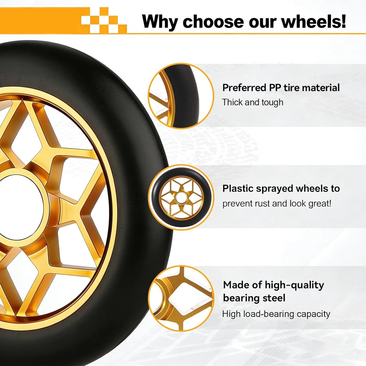 SnelShoppen - Pack van 2 non-slip stunt scooter wielen met ABEC 9 lagers, schokabsorberende 110 mm stuntscooter banden, stille gouden vervangwielen 88