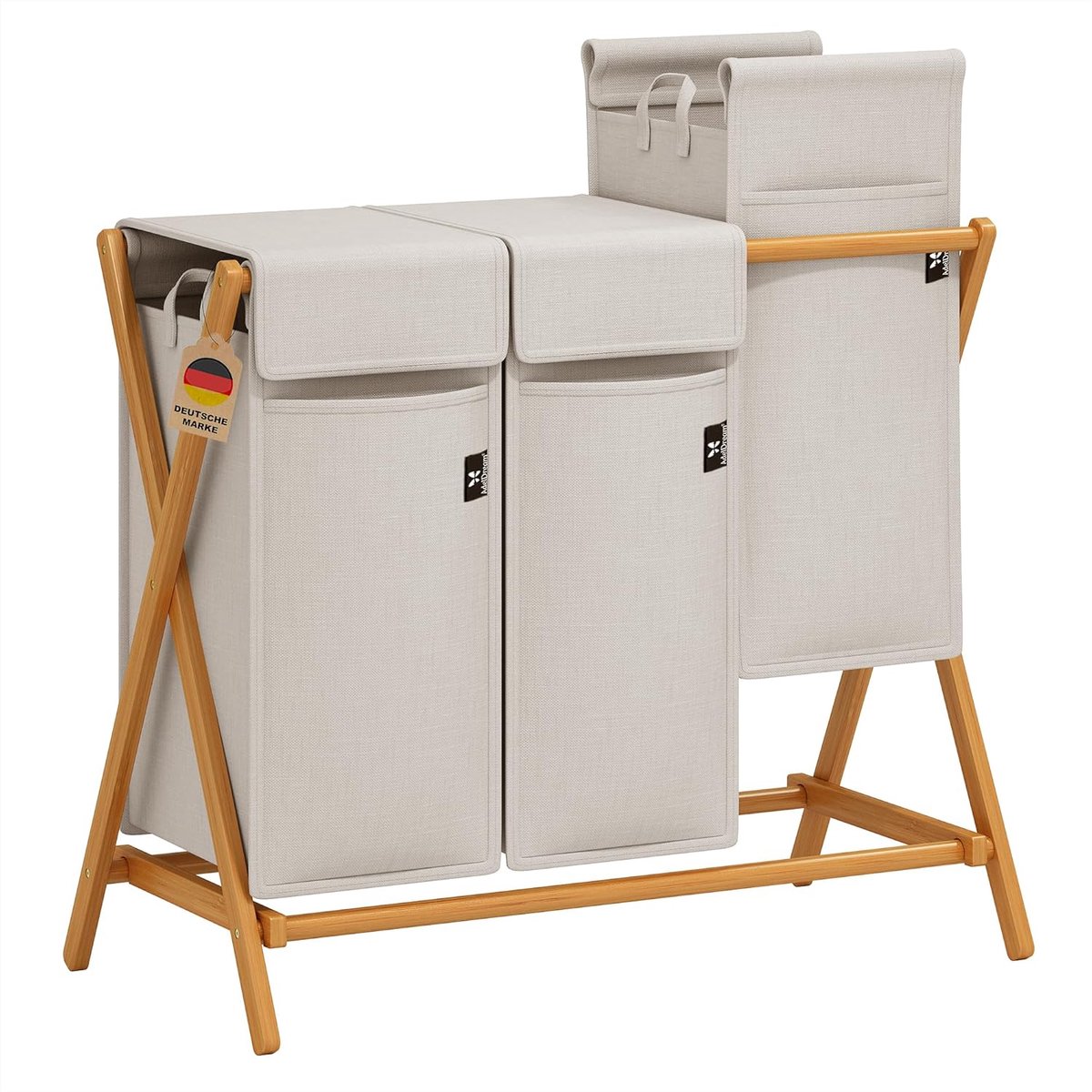 SnelShoppen - Bambussen wasmand met 2 compartimenten - 100L lichtgrijs - houten wasmand met deksel - praktische was sorteerder met X-vormige bamboo pl