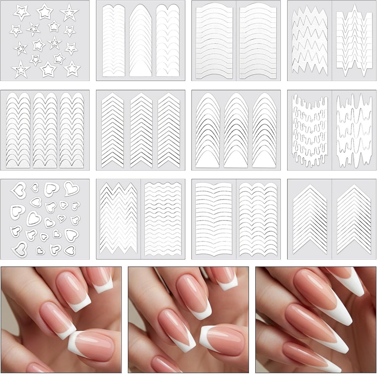 SnelShoppen - 36 Stuks Franse Manicure Stickers - 1158 Zelfklevende Nagelstencils - 17 Unieke Ontwerpen voor DIY Nageldecoratie - Hoge Kwaliteit PVC