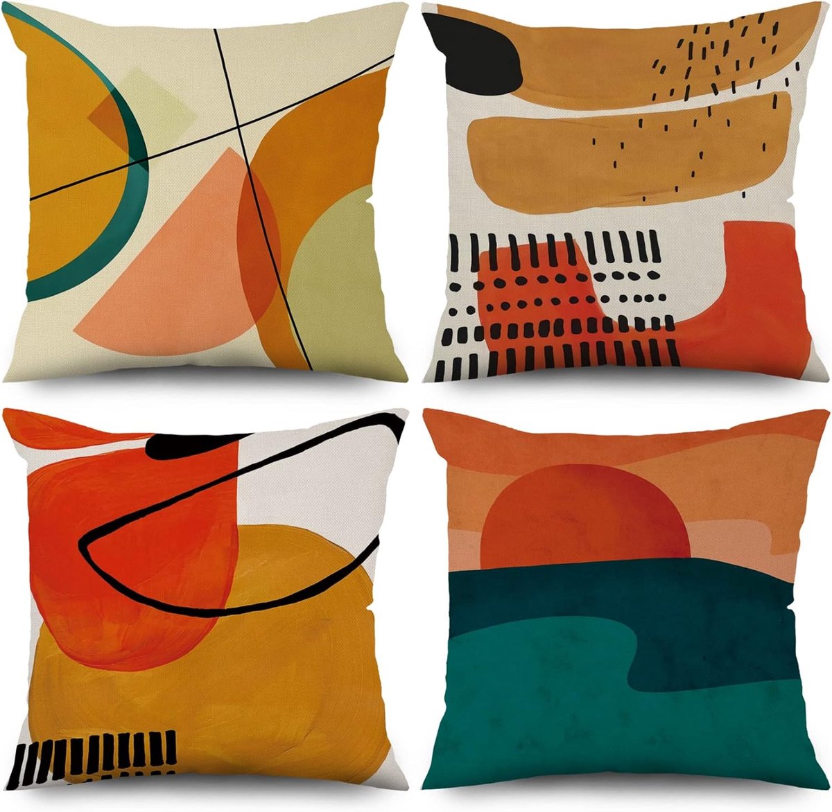 SnelShoppen - Set van 4 Boho Kussenhoezen 50x50 cm, Moderne Abstracte Kunst met Zonne-lijn in Groene Kleur, Wasbare Polyester Flax, Decoratieve Pillow