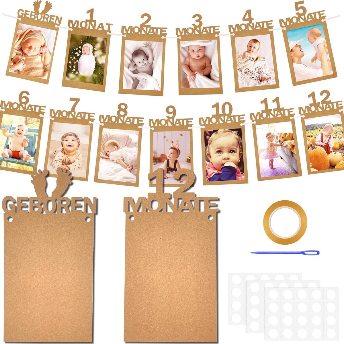 SnelShoppen - Foto Banner voor 1e Verjaardag, 13 Bladen, Wanddecoratie voor Baby's van 0-12 Maanden, Kraft Papier, Feestdecoratie, Communie