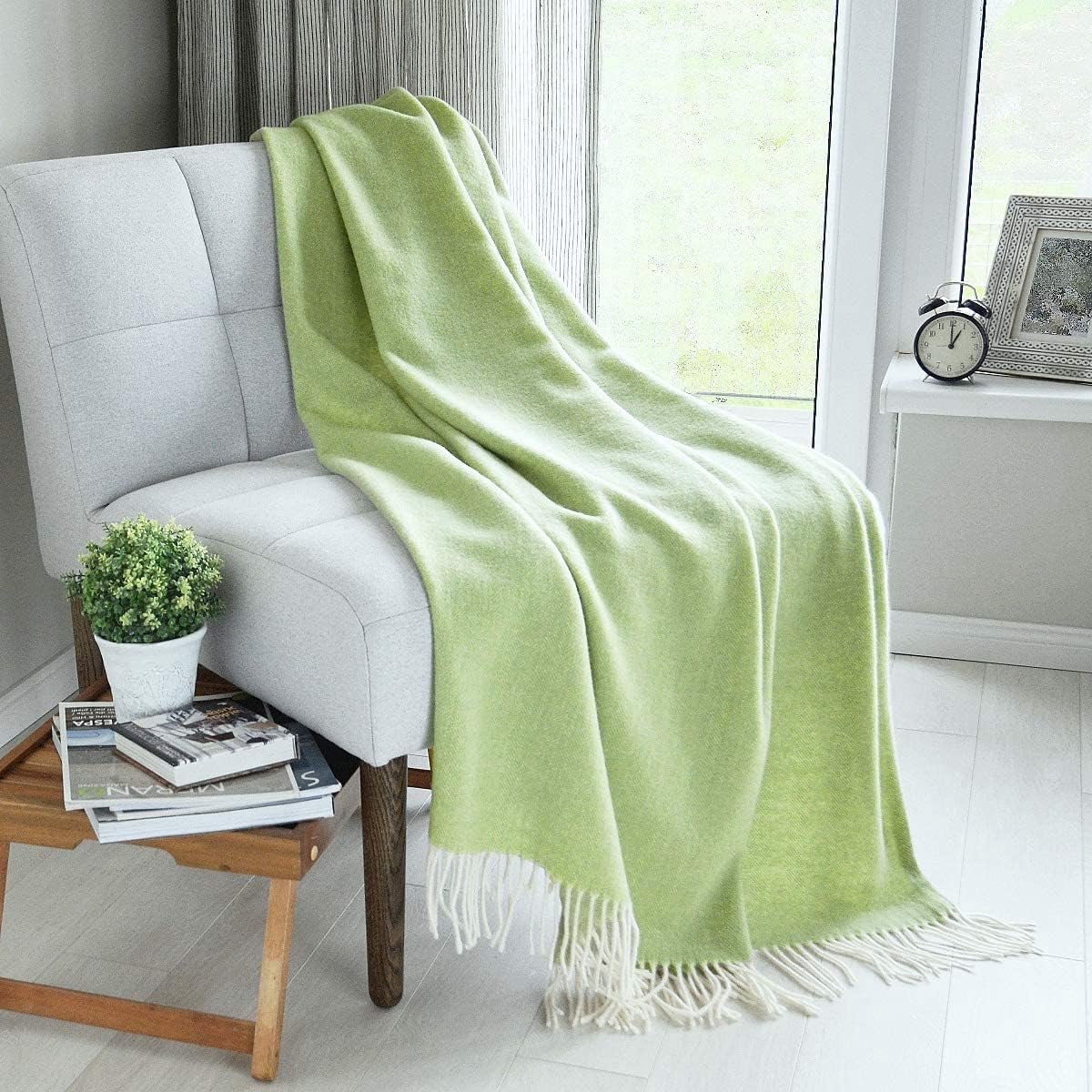 SnelShoppen - Merino Wol Dekbeddeken Lichtgroen 140x200 cm - Luxe Herringbone Plaid - Zachte Katoenen Wollen Throw voor Bank, Bed, Camping en Feest