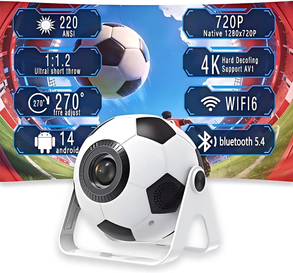 SnelShoppen - 2026 Mini Projector 4K/1080P, Draagbare Projector met 220 ANSI Lumens, Automatische Verticale Keystone Correctie, Dual Band Wi-Fi 6 en B
