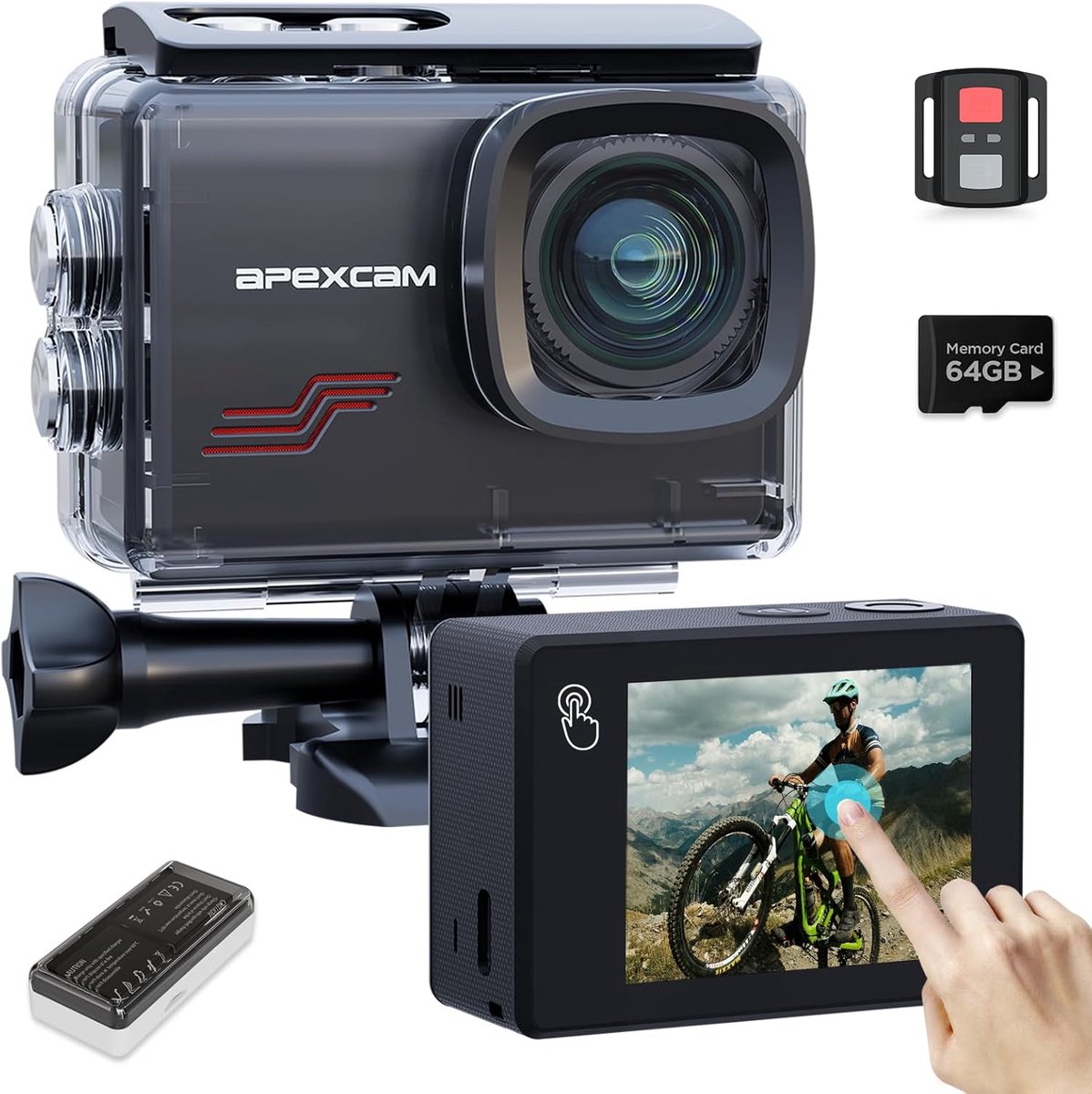 SnelShoppen - 4K Action Camera met 64G Kaart, 64MP, 40m Waterdicht, 8x Zoom, WLAN Sportcamera, Onderwatercamera, 2.4G Afstandsbediening, 2x1350mAh Bat