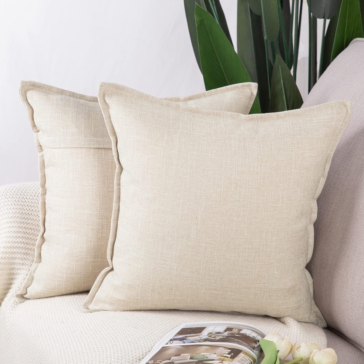 SnelShoppen - Set van 2 Imitatie Linnen Kussenslopen 45x45cm - Zachte Decoratieve Kussenhoezen voor Sofa en Slaapkamer - Licht Beige, Duurzaam Polyest
