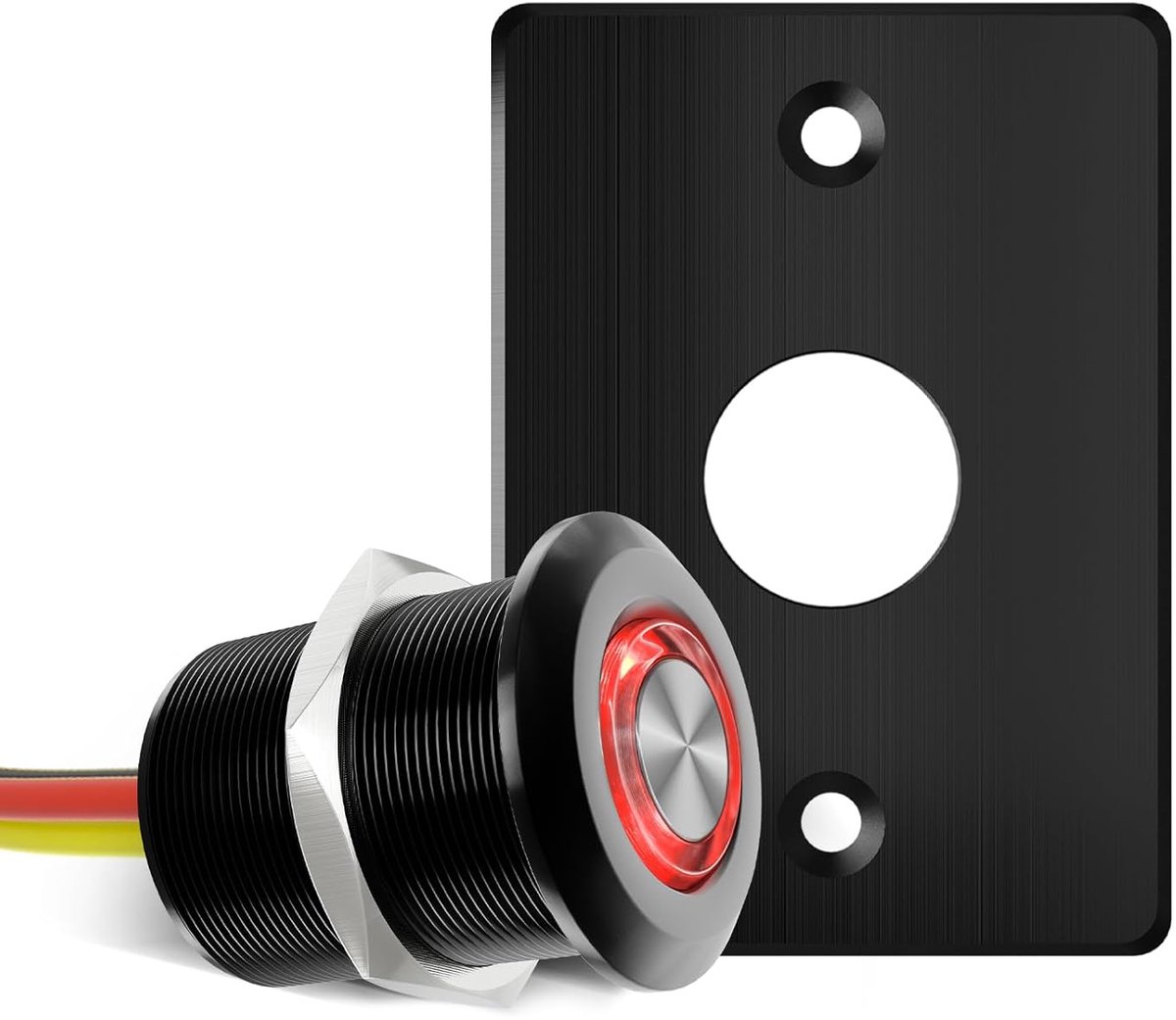 SnelShoppen - Push Button Dimmer Switch 12V/24V voor Camper, Boot, Truck, Auto Verlichting - Aluminium Zwart met Rode Ring LED - 6A