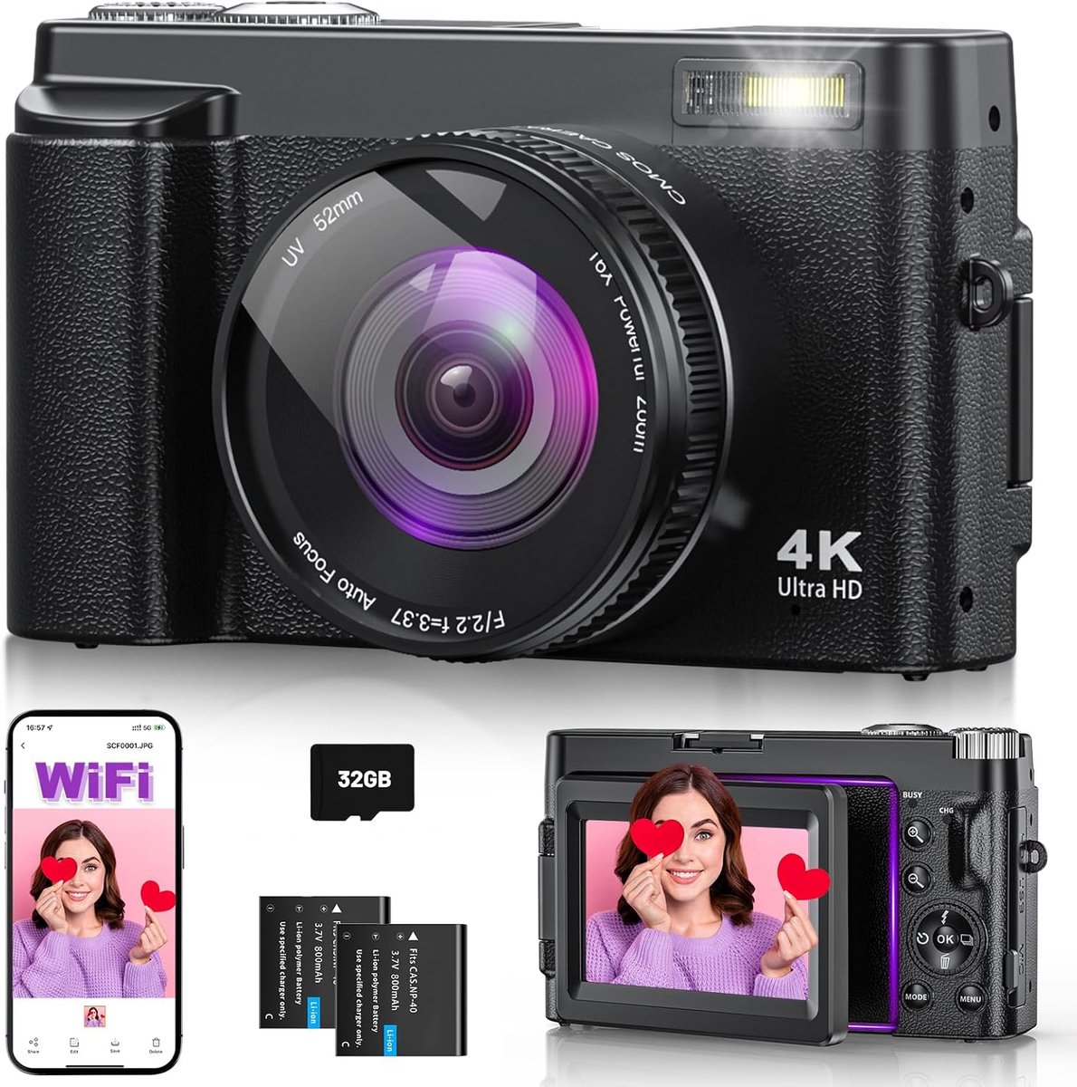 SnelShoppen - 4K Digitale Camera 64MP met WiFi, 16x Digitale Zoom, 180° Kantelbaar Scherm, Auto Focus, Vlog Camera met 2 Accu's, Oplader en 32GB Geheu
