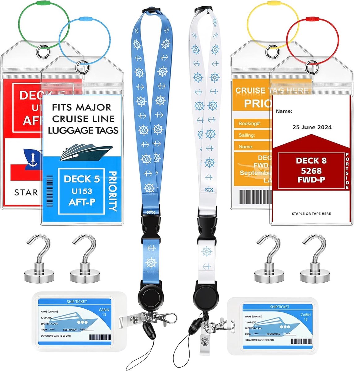 SnelShoppen - 4 Stuks Waterdichte Cruisetas Labels met Magnetische Haakjes, Geschikt voor MSC, Carnival, NCL, en Meer - Inclusief Lanyard Labels en St