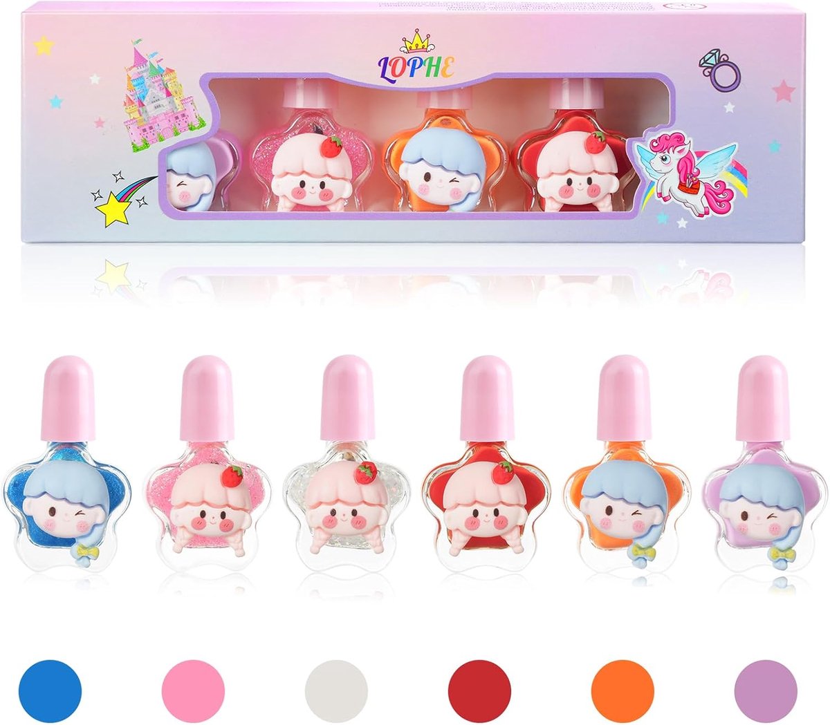 SnelShoppen - Kindernagellak set 6 kleure, non-toxische nagellak voor kinderen, snelle droging waterbasis nail polish, regenboog kleuren voor feest, v