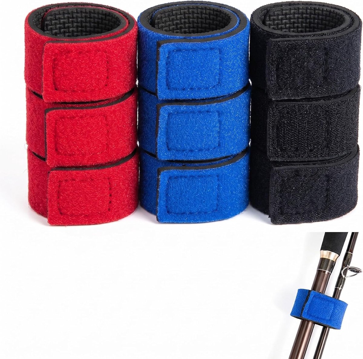 SnelShoppen - 9 Verstelbare Hengelriemen met Klittenbandsluiting - Elastische Bevestigingsbanden voor Hengels - Rood, Blauw, Zwart - Perfect voor Viss