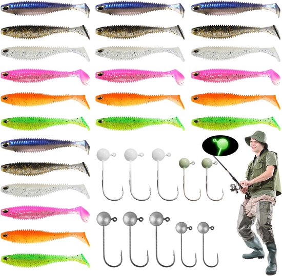 Complete 34-delige kunstaas set met 24 zachte plastic aas (6 kleuren) en 10 jigkoppen (2 maten, 5 glow in the dark) voor zeevissen en diverse visavonturen — afbeelding 5