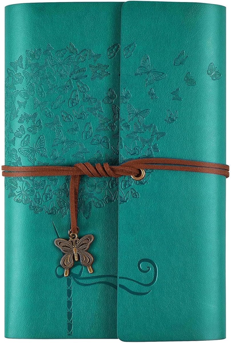 SnelShoppen - OMEYA Lederen Dagboek Refill Notitieboek A6, Blauw - Schrijfnotities, Refillable, Met Vlinder - Persoonlijk Reiscadeau voor Vrouwen