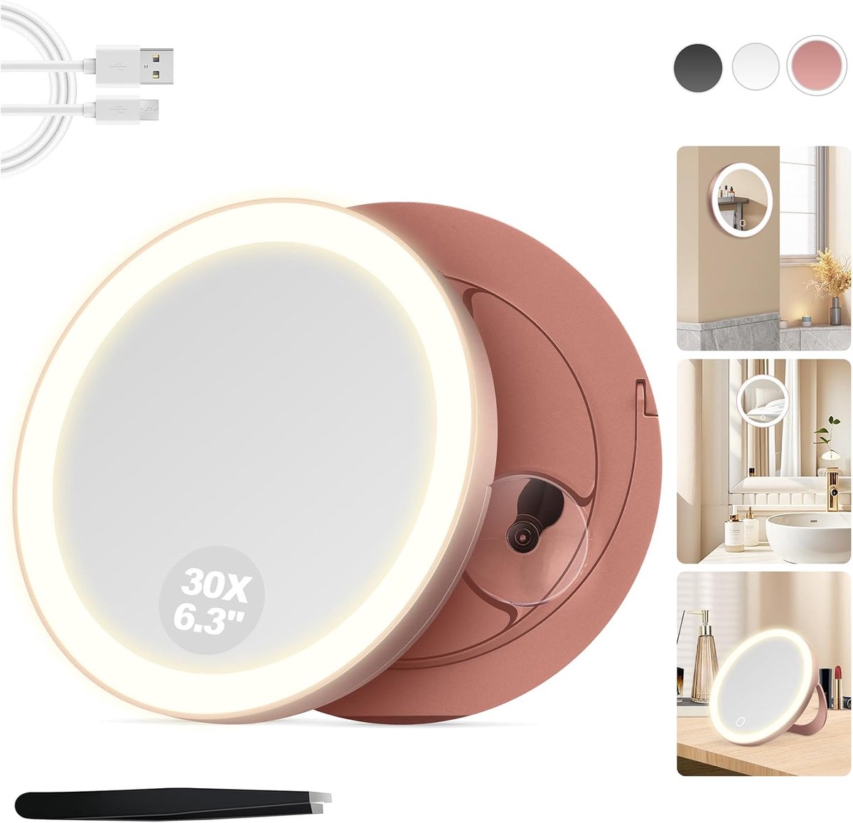 SnelShoppen - Verlichte Make-up Spiegel met 30x Vergroting en Zuignap, Dimbare 3 Kleuren, Wand- en Tafelgebruik, Roze Goud voor Precisie Make-up en Hu