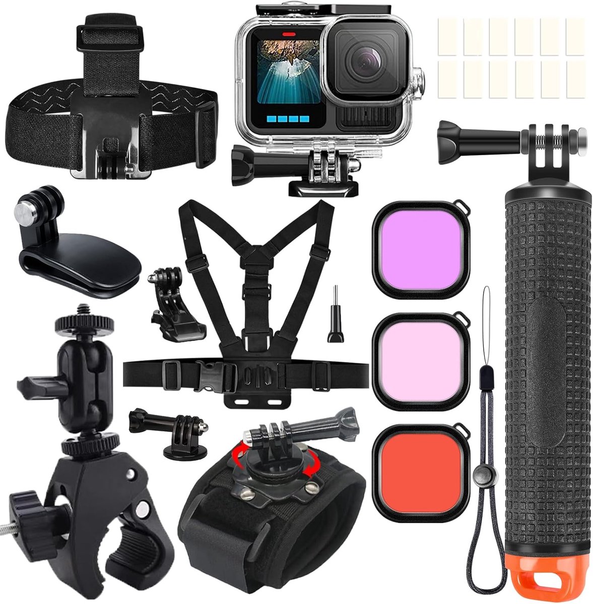 SnelShoppen - Accessoire Set Kit voor actiecamera's - Duikbehuizing, Drijvende Handgreep, Borstband, Hoofdband, Polsband, Fence Clamp, Cap Clamp, Rode