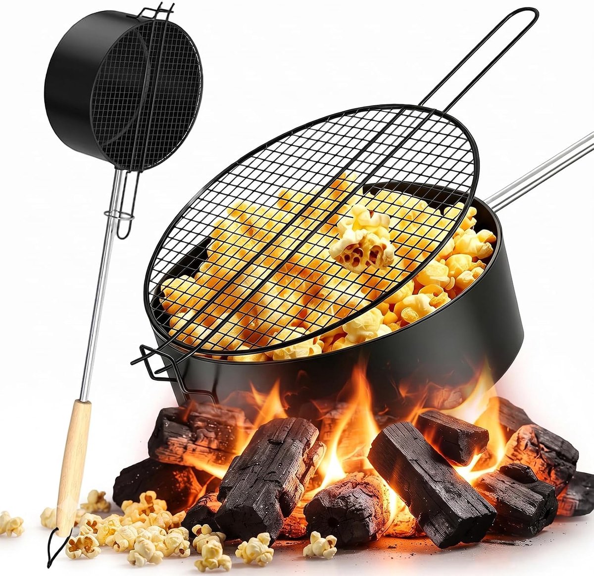 SnelShoppen - Popcornmaker Outdoor - Koolstofstaal, Anti-aanbaklaag, Hittebestendige Handgreep, Camping Popcornmachine voor Tuin, Picknick, Bioscoop,