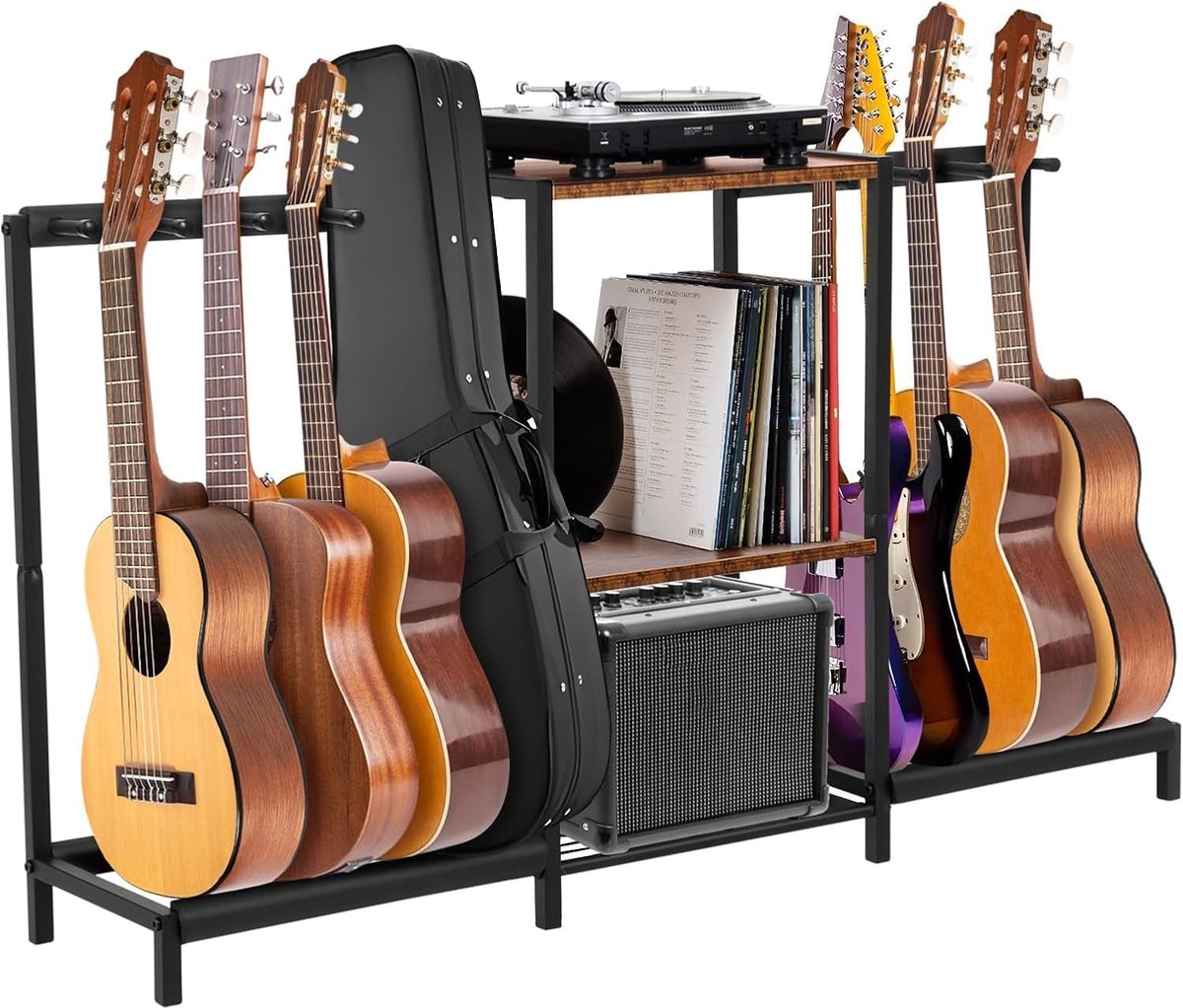 SnelShoppen - Guitar Stand met 3 Laags Houten Plank, Turntable Stand voor Meerdere Gitaren, Vinyl Discs en Accessoires, Stevige Houten en Staal Constr