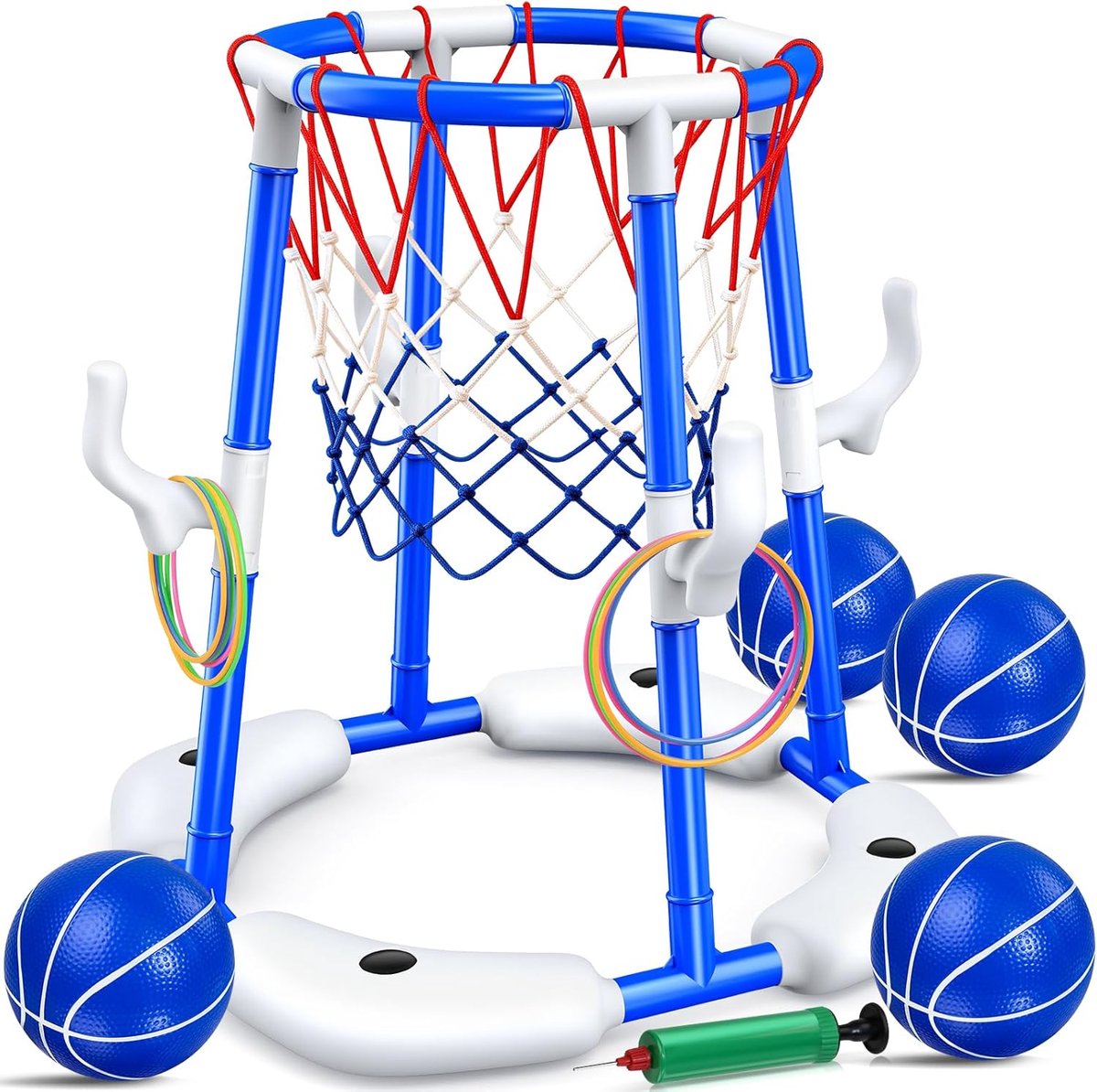 SnelShoppen - Zwembad Basketbal Set voor Kinderen - 2-in-1 Water Speelgoed met 4 Ballen, 12 Ringen, Pomp - Perfect voor Buiten en Binnen, Feest, Tuin,