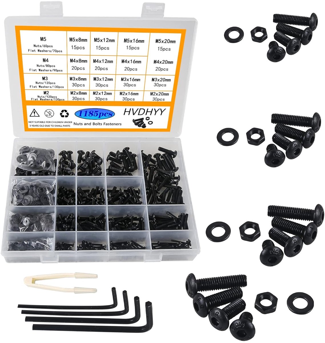 SnelShoppen - 1180-delige M2 M3 M4 M5 Zwarte Stalen Schroeven Set met Moeren en Ringetjes - Assortiment Kit met Opslagdoos