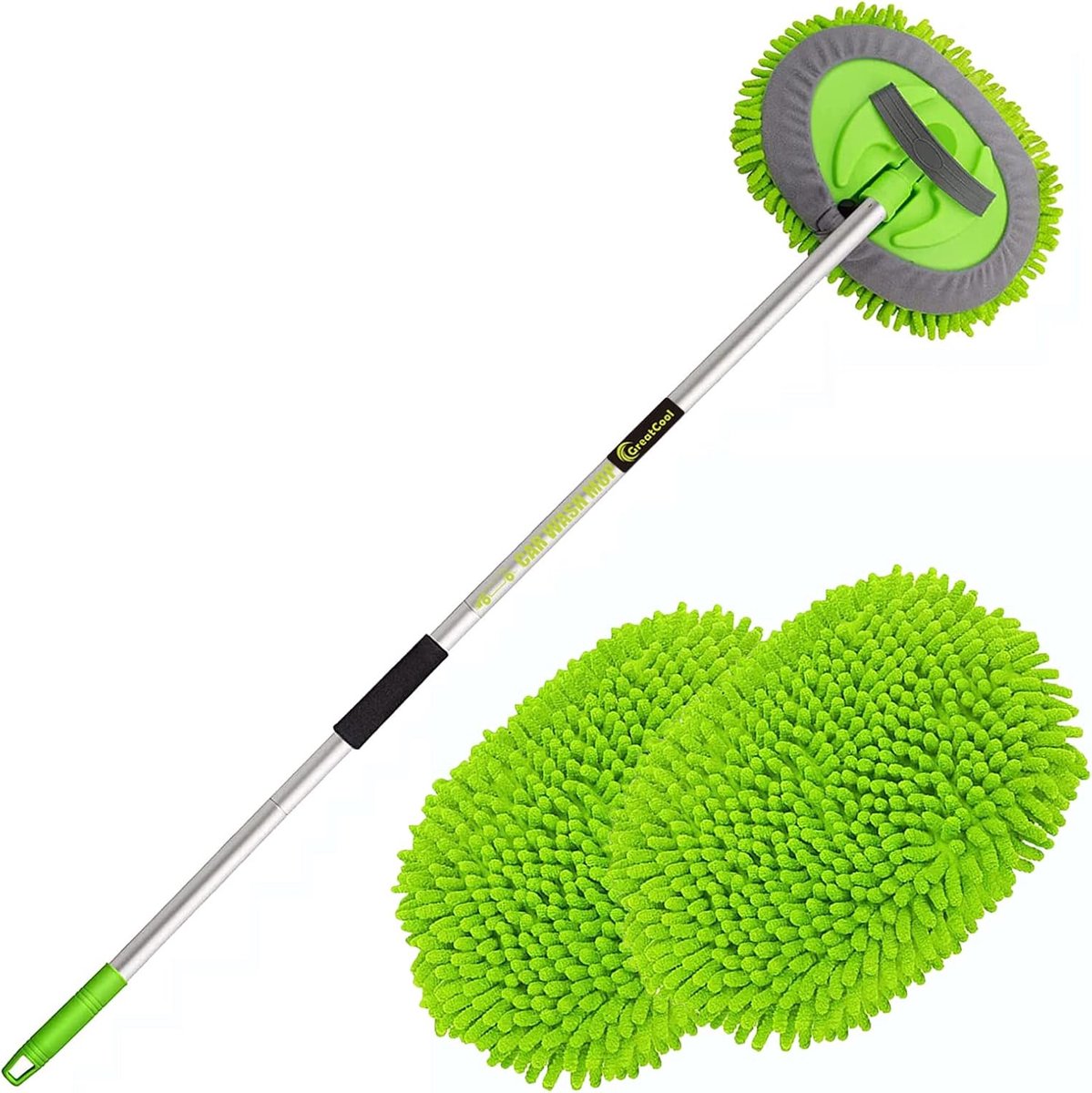 SnelShoppen - 62'' Auto Wasborstel Met Lange Handgreep, 2 in 1 Chenille Microfiber Auto Schoonmaak Borstel Mop, 180° Draaibare Auto Was Borstel Set Vo