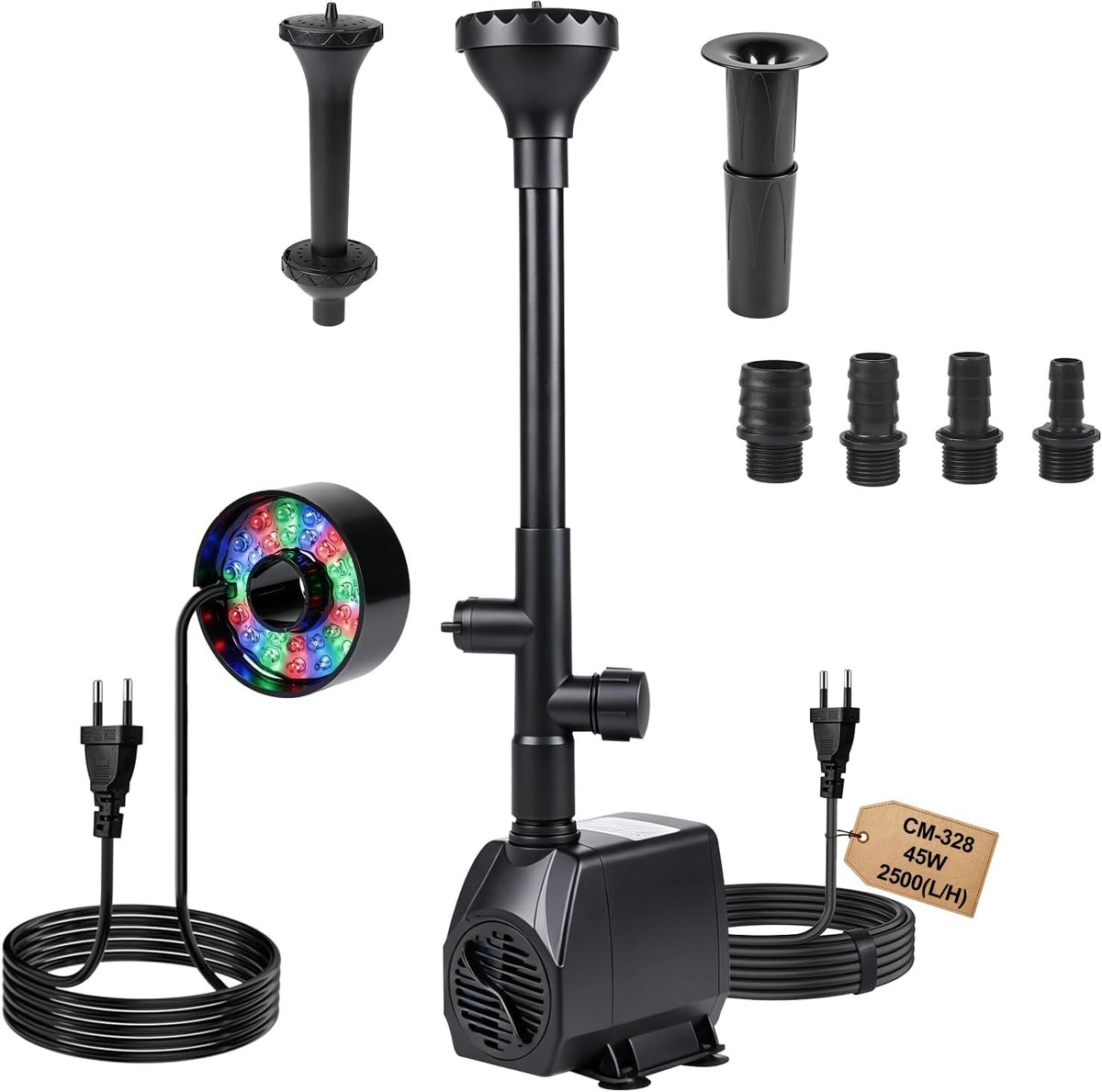 SnelShoppen - Pondpomp 2500 L/h - Verstelbare Waterpomp met 30 Kleurrijke Lampen, 4 Spuitmonden, 3 m Kabel voor Tuin, Vijver en Fontein