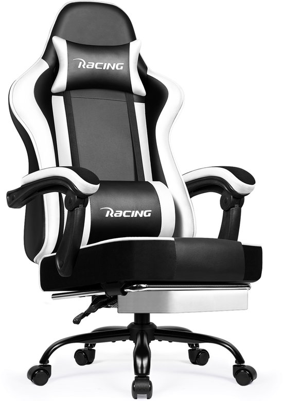 Hiaonyx Gaming Stoel - 170° Verstelbare Rugleuning - Gaming Stoel met inklapbare Voetsteun - racerstijl - Geïntegreerde Armleuningen - Maximale Belastbaarheid 150kg - Wit