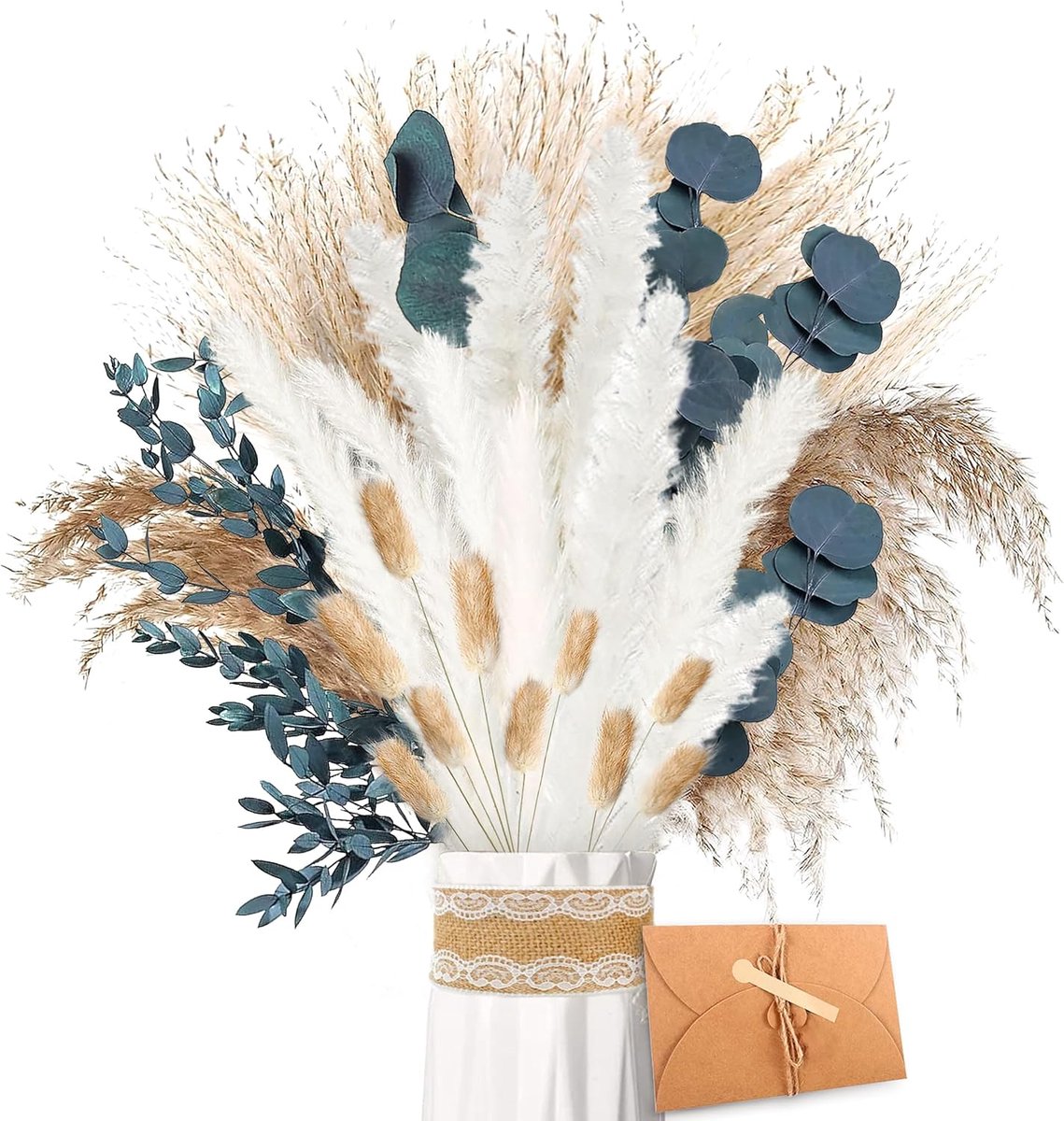SnelShoppen - Dried Pampas Grass en Eucalyptus Bloemen - Wit Fluffy Pluimen voor Boho Home Decor, Bruiloftstafels, Vazen, Creatieve Knutselprojecten,
