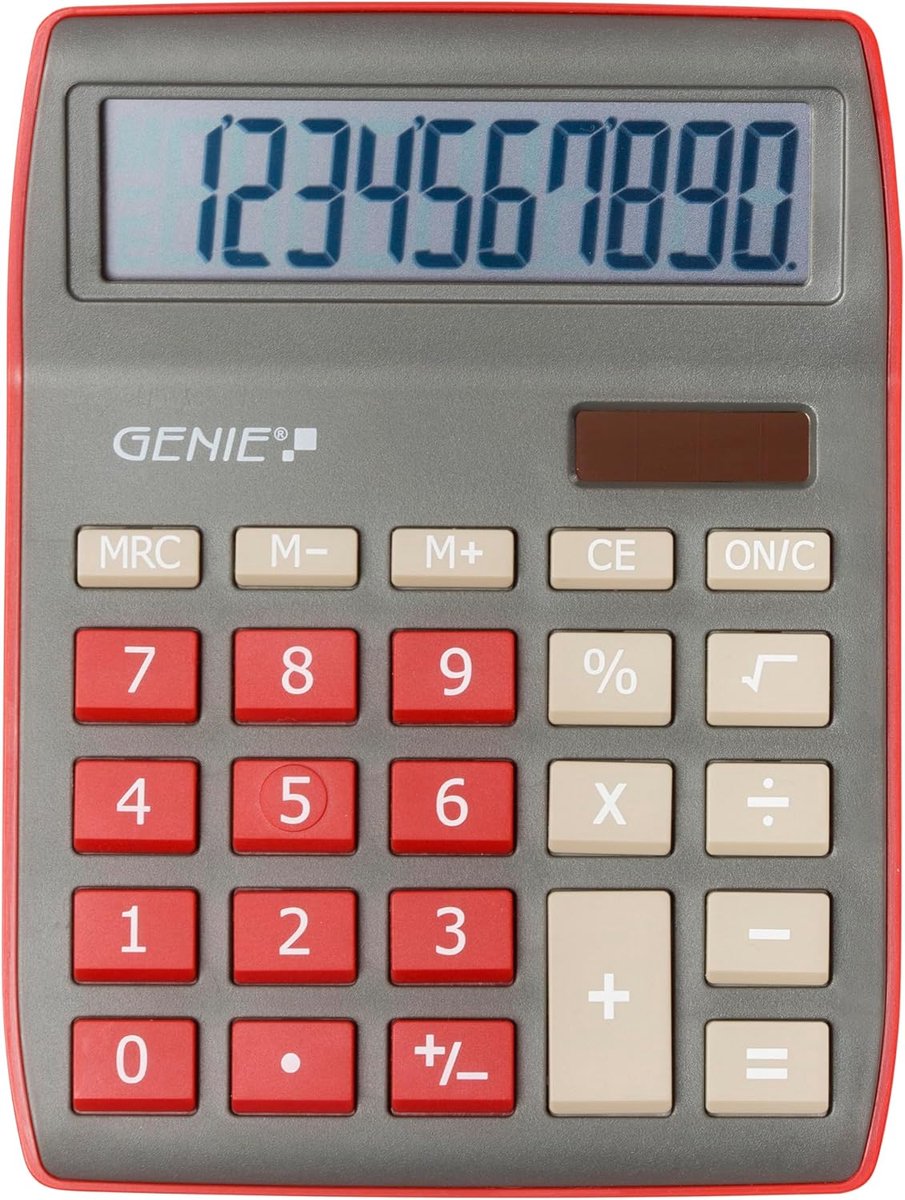 SnelShoppen - Compacte 10-cijferige bureaucalculator met dubbel energie (zonne- en batterijvoeding), donkerrood, gebruiksvriendelijke toetsen, perfect